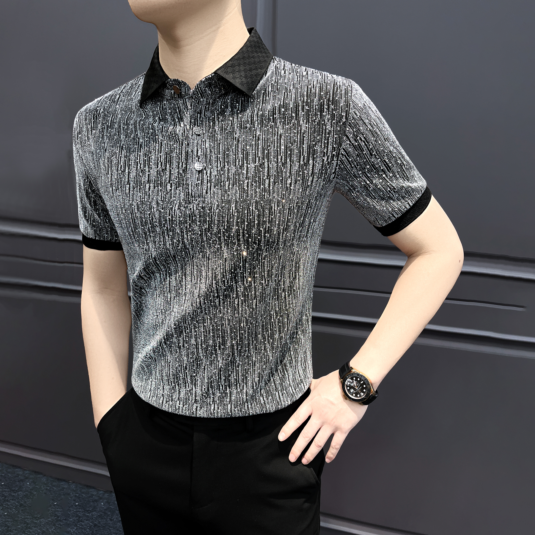 银丝网红polo衫男款爆款2025新款夏季痞帅高级感轻奢男士短袖t恤