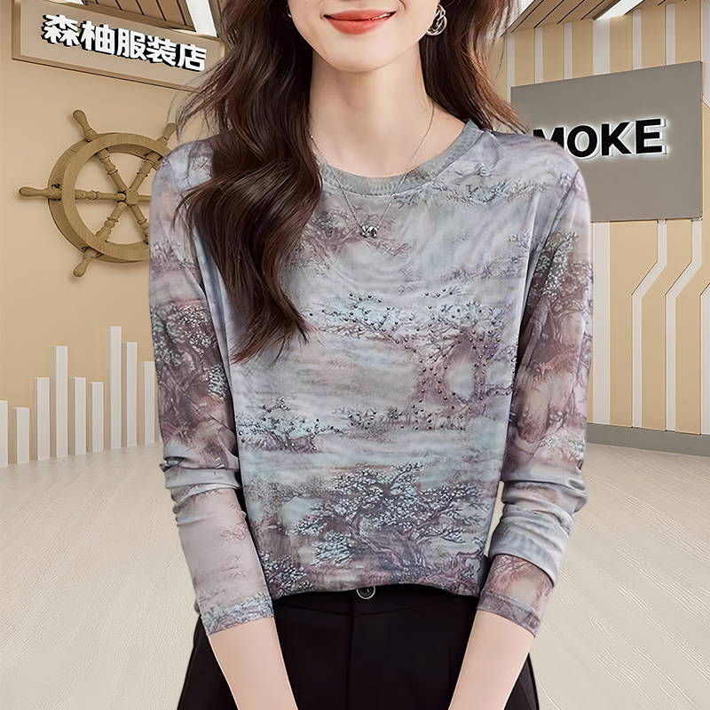 长袖小众休闲衣服时尚修身打底衫女网纱内搭打底衫高级感洋气上衣