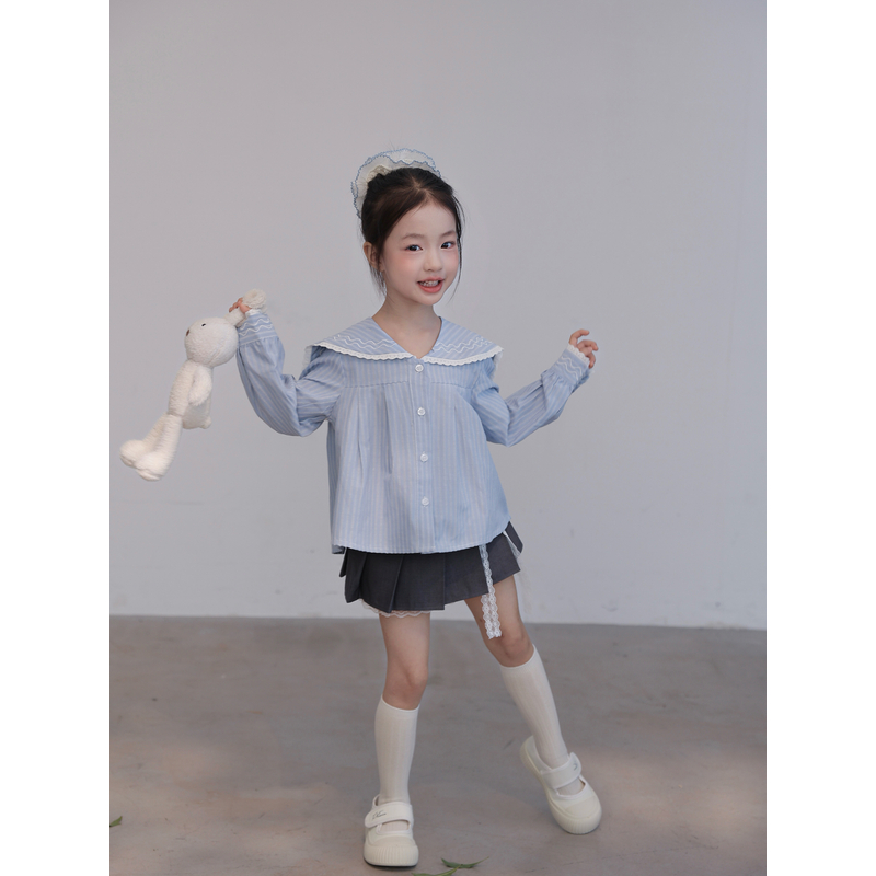 未未家 秋季女童气质甜美A类海军领条纹衬衫上衣蕾丝花边百褶裙