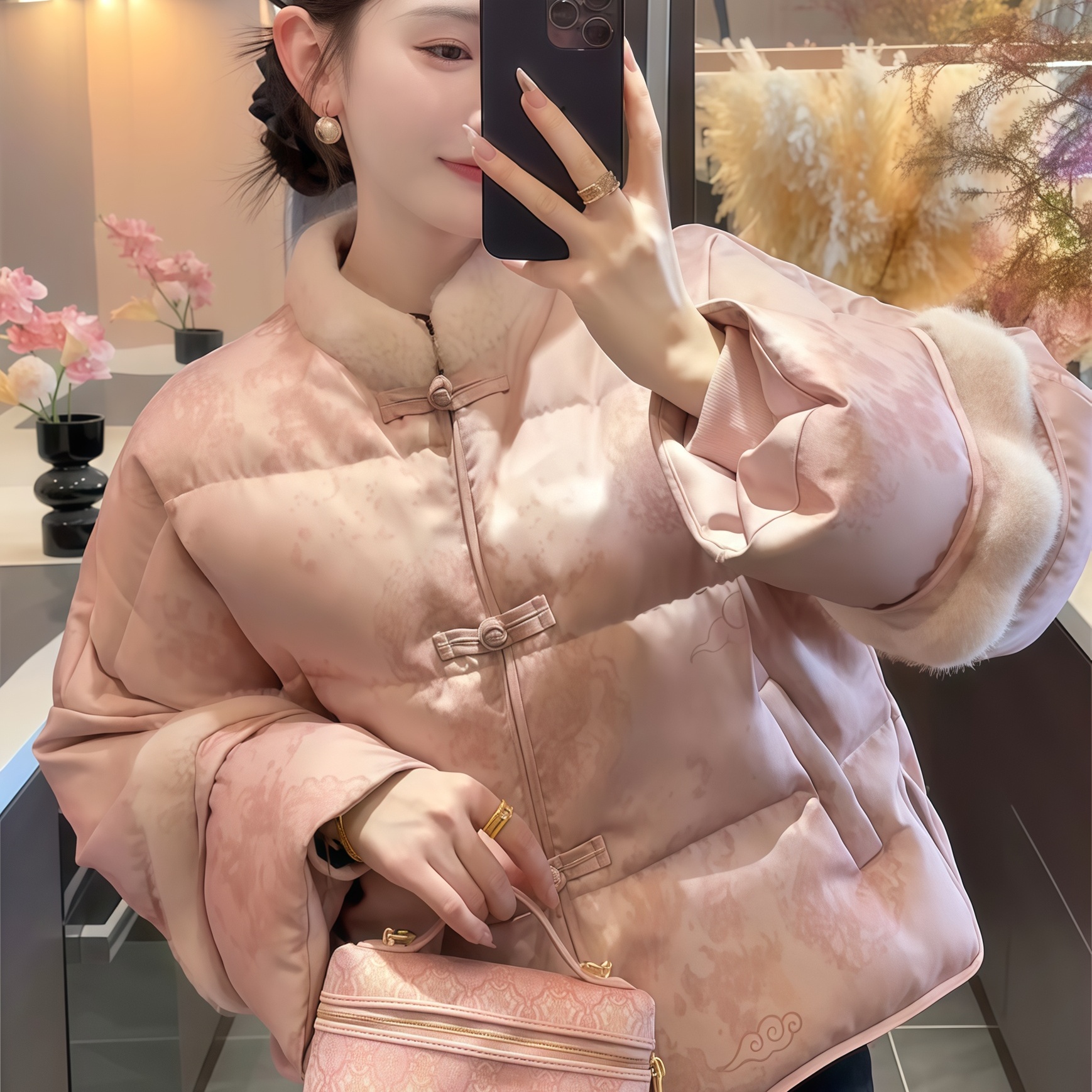 2025年爆款新中式气质复古祥瑞提花纹冬季立领女短款白鸭羽绒服