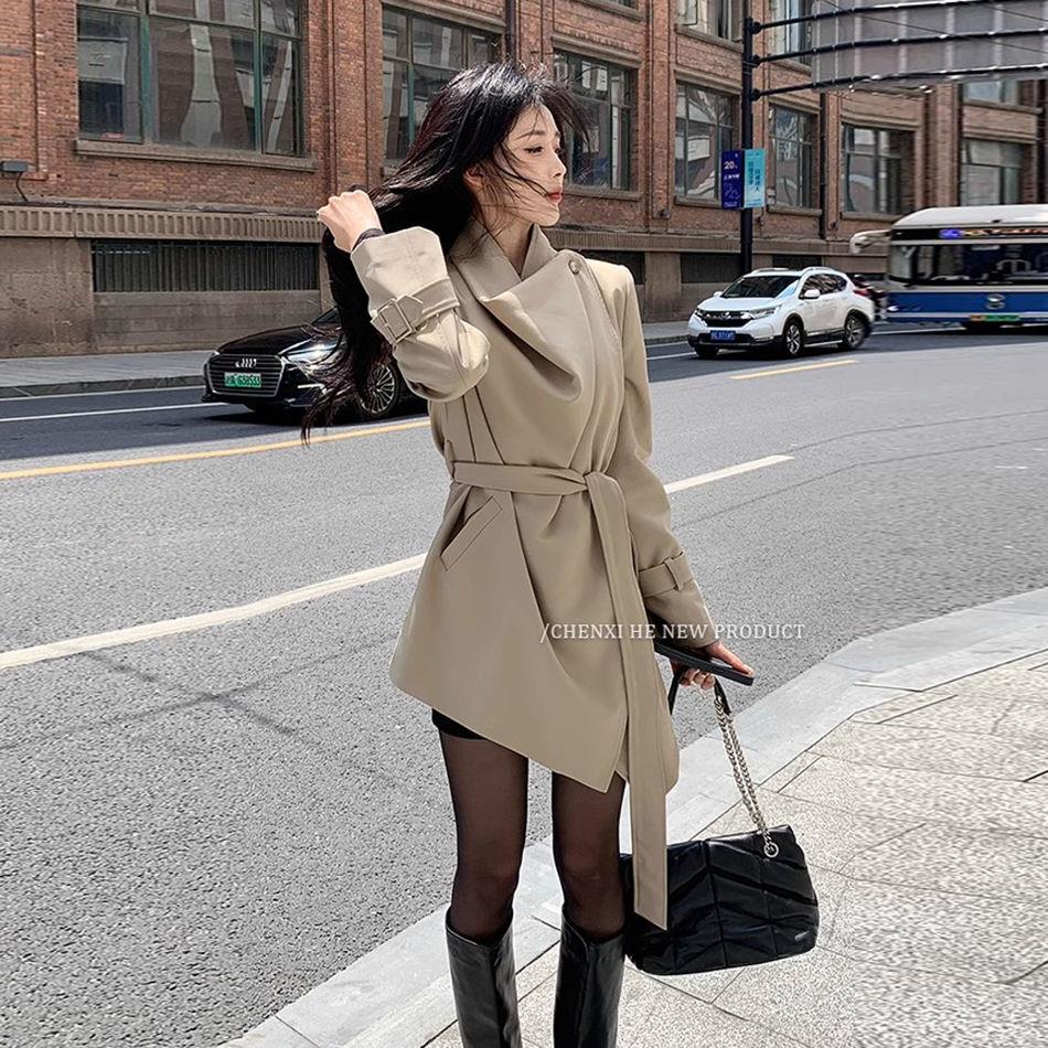 春秋中长款百搭英伦风衣女简约小个子赫本风西装外套潮