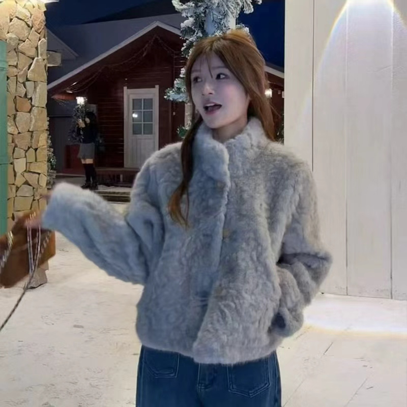 2025新款立领单排扣毛毛外套短女上衣 秋冬加厚保暖百搭