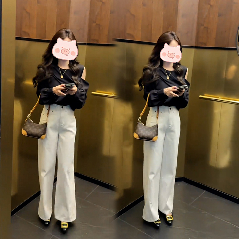 早秋新款法式穿搭一整套时尚百搭设计上衣搭配宽松显瘦直筒裤套装