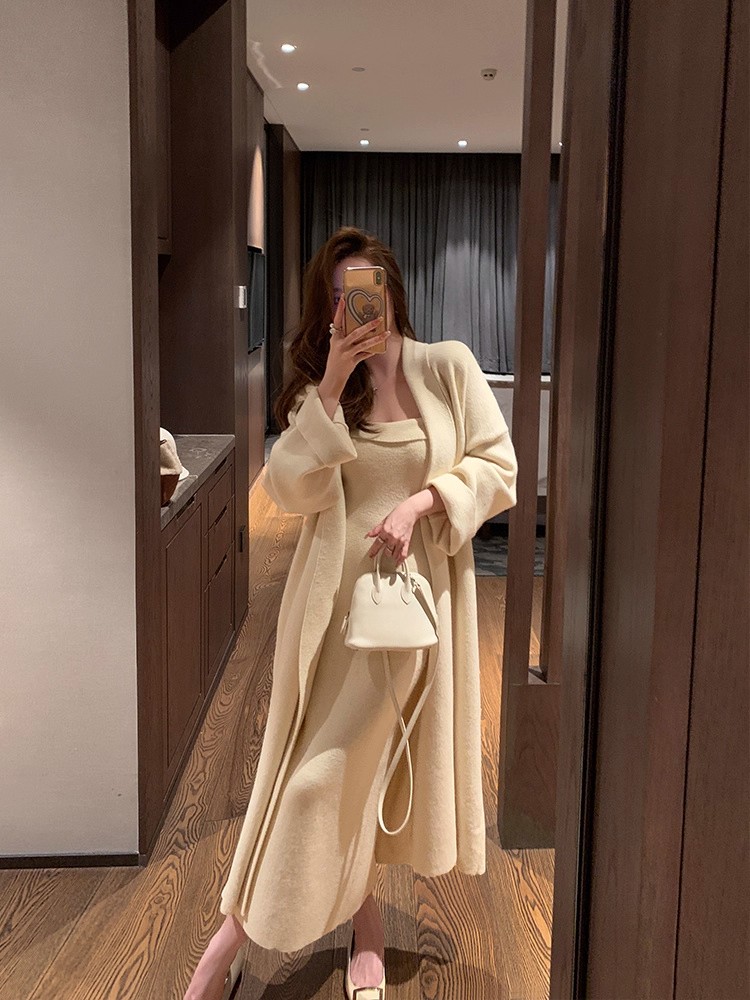 气质名媛时尚套装韩版秋冬慵懒风针织开衫连衣裙两件套高级感百搭