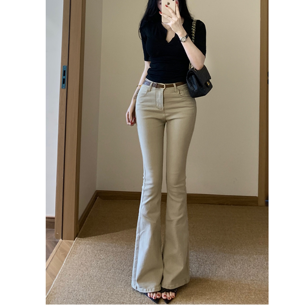 复古卡其色简约微喇牛仔裤女2025早秋新款百搭时尚高腰显瘦长裤子