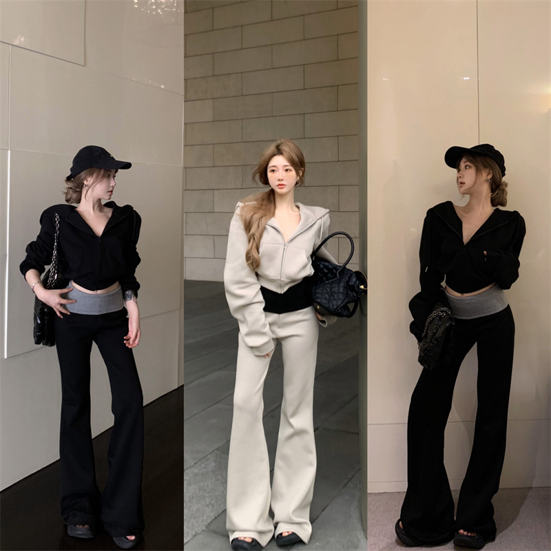 时尚休闲套装慵懒连帽长袖卫衣外套女春季修身撞色微喇叭裤两件套