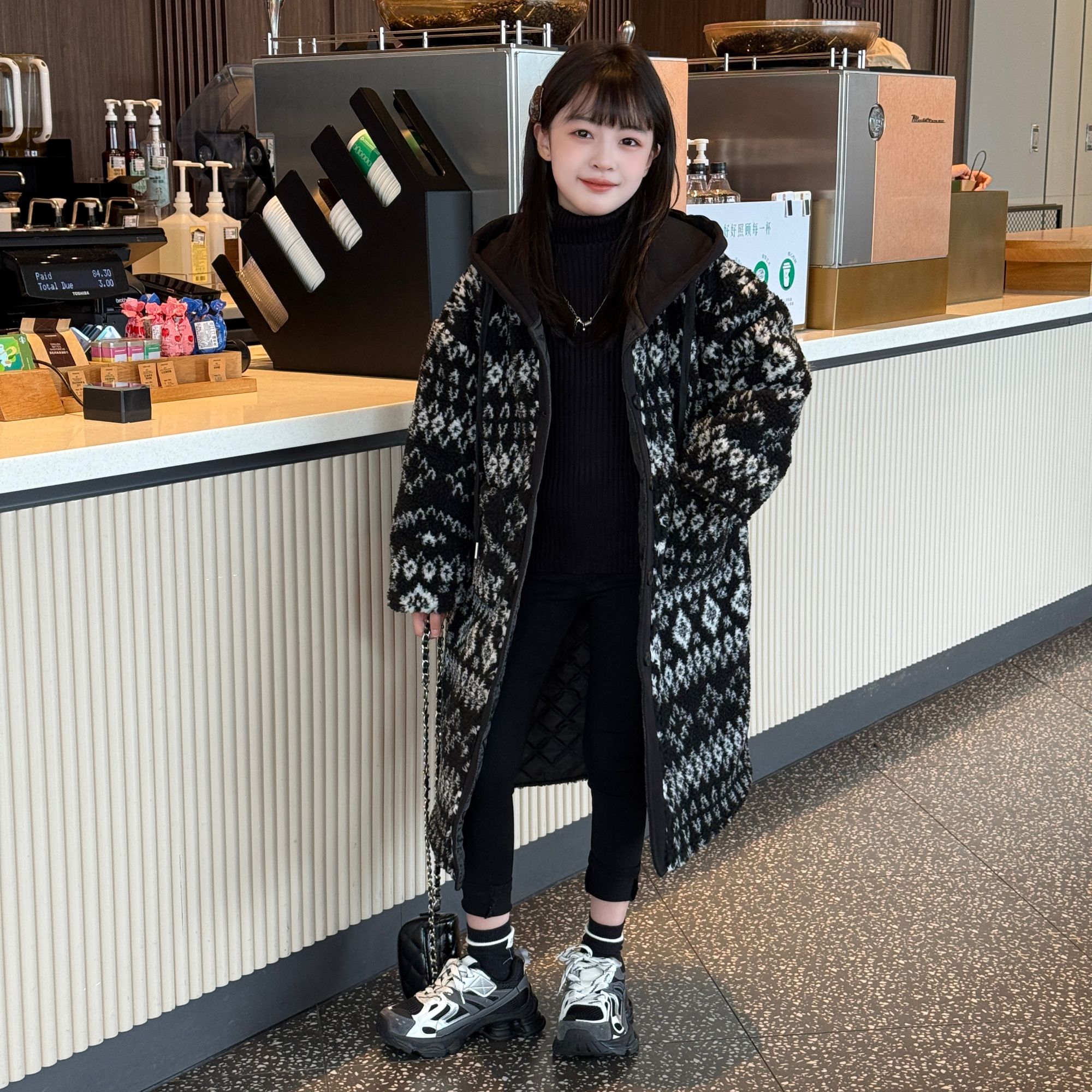 欧洲站2025冬季新款欧货棉外套韩系女童宽松过膝中长款连帽外套潮