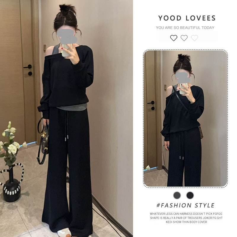 假两件露肩卫衣+休闲裤轻熟风套装时尚洋气减龄显瘦遮肉两件套女