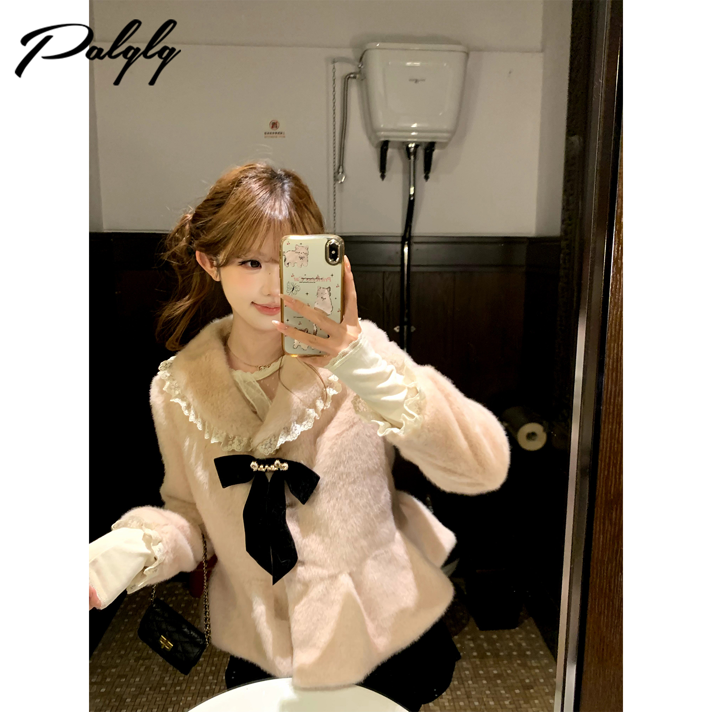 Palglg富家千金风粉色毛绒绒冬季高级感法式环保皮上衣54PWJ44844