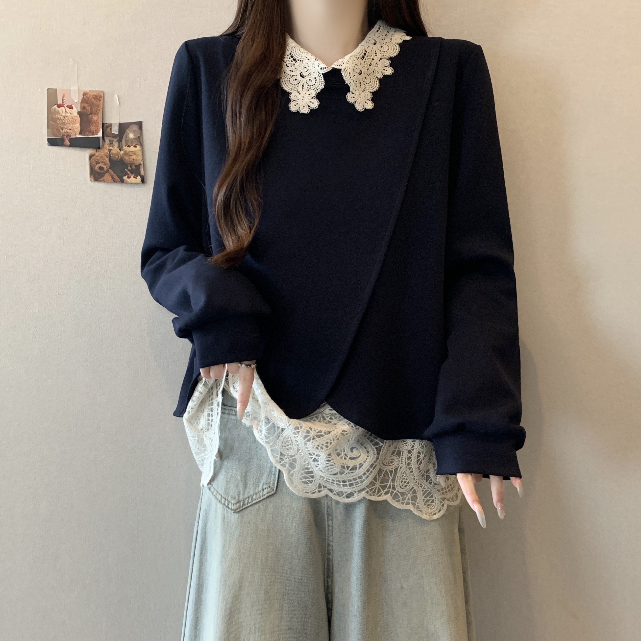 大码韩版时尚POLO领蕾丝拼接设计感长袖卫衣女2025秋季高级感上衣
