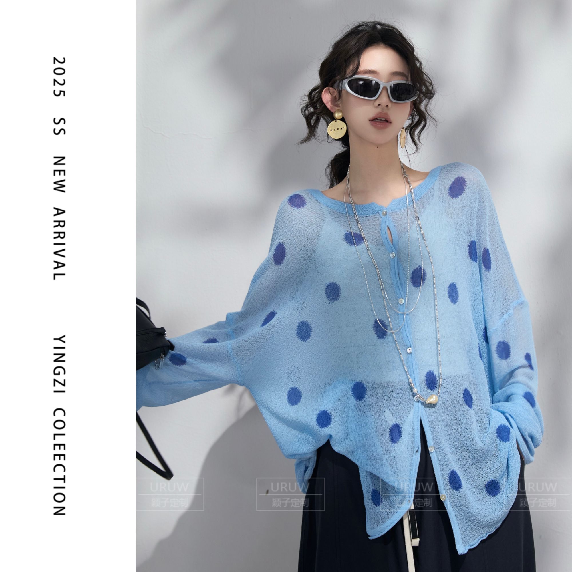 颖子定制【蓝色艺术】夏季宽松显瘦圆领针织长袖薄款波点上衣9615