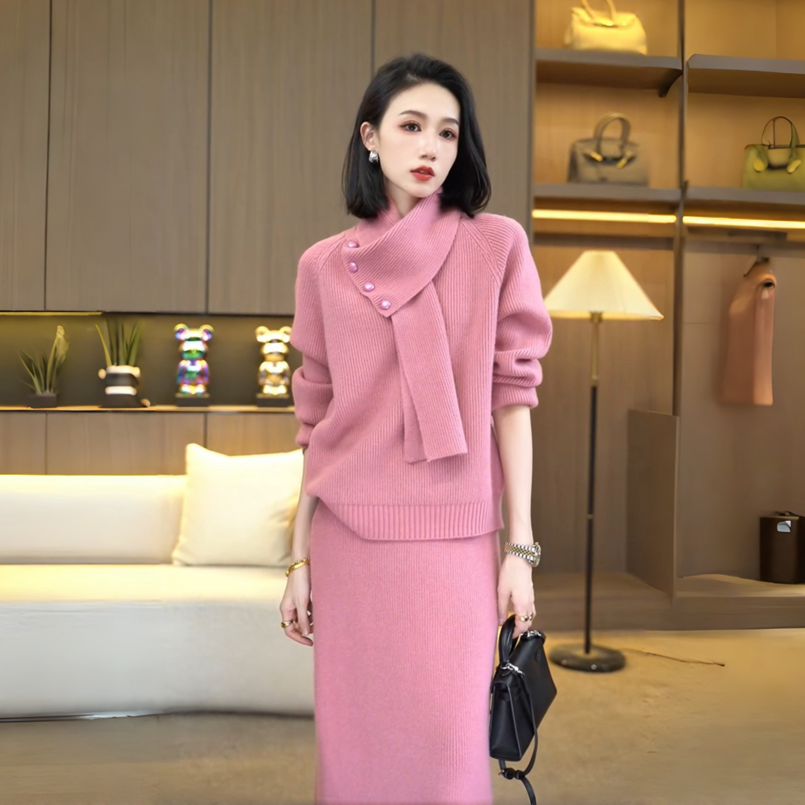 2025秋冬新款轻奢高级感配围巾加厚套装毛针织毛衣裙子两件套装女