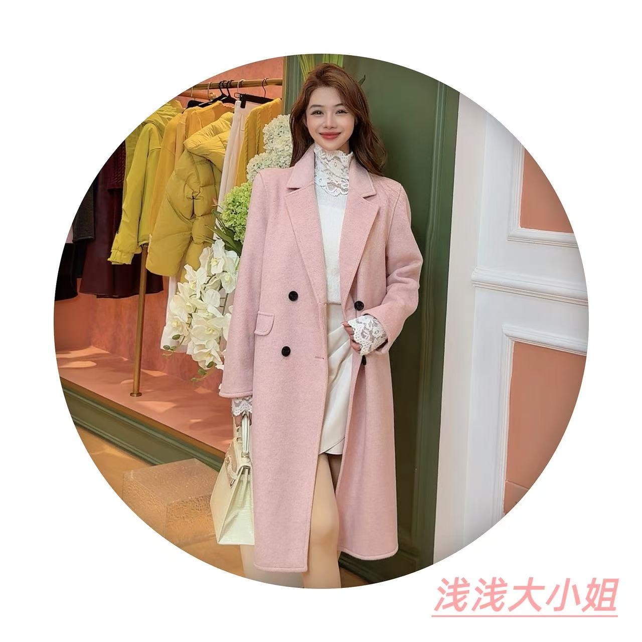 S小个子显瘦百搭秋冬时尚西装领羊毛外套大衣直下摆长袖2588