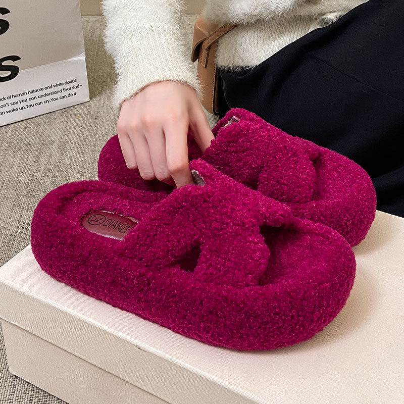 秋冬新欧洲站H字母设计小众高级时尚百搭厚底防滑外穿女毛毛拖鞋