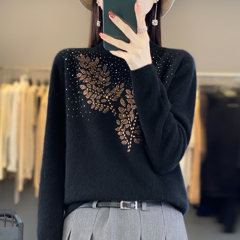 女士半高领树叶烫钻羊毛针织衫打底内搭382