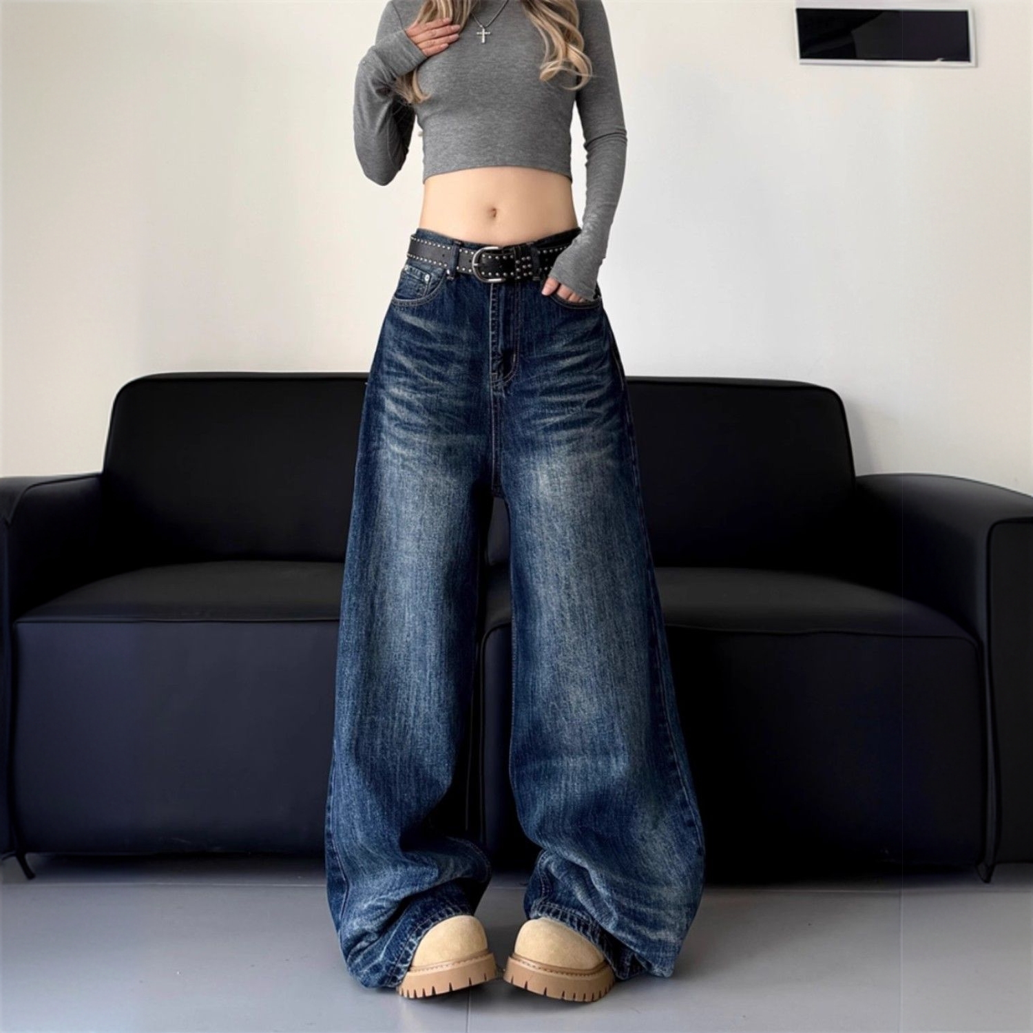 大码美式复古水洗做旧猫须设计感牛仔裤女直筒宽松高腰阔腿拖地裤