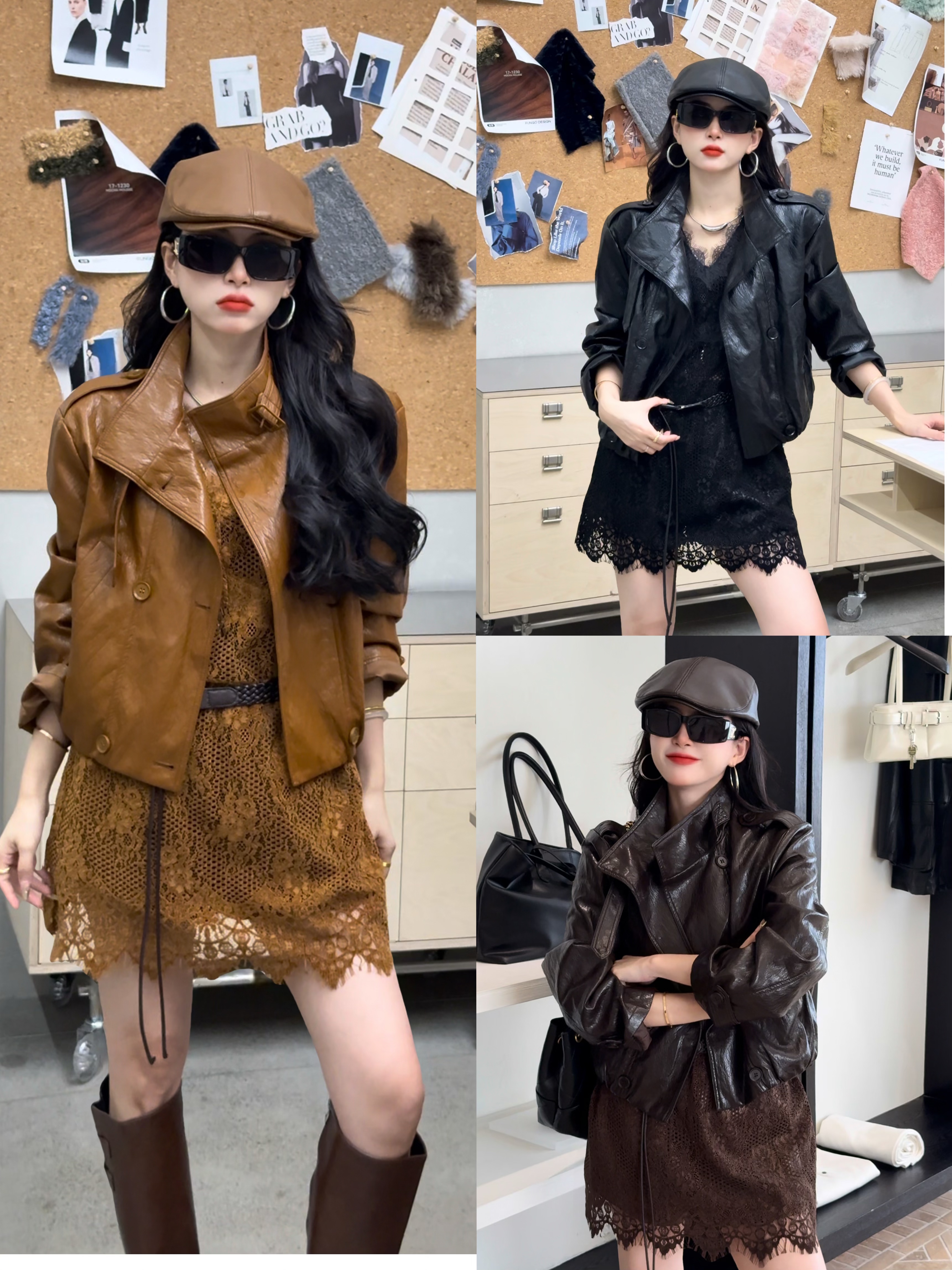 【Dunn】秋季百搭复古气质皮衣外套女酷飒风服夹克上衣（不含腰带）
