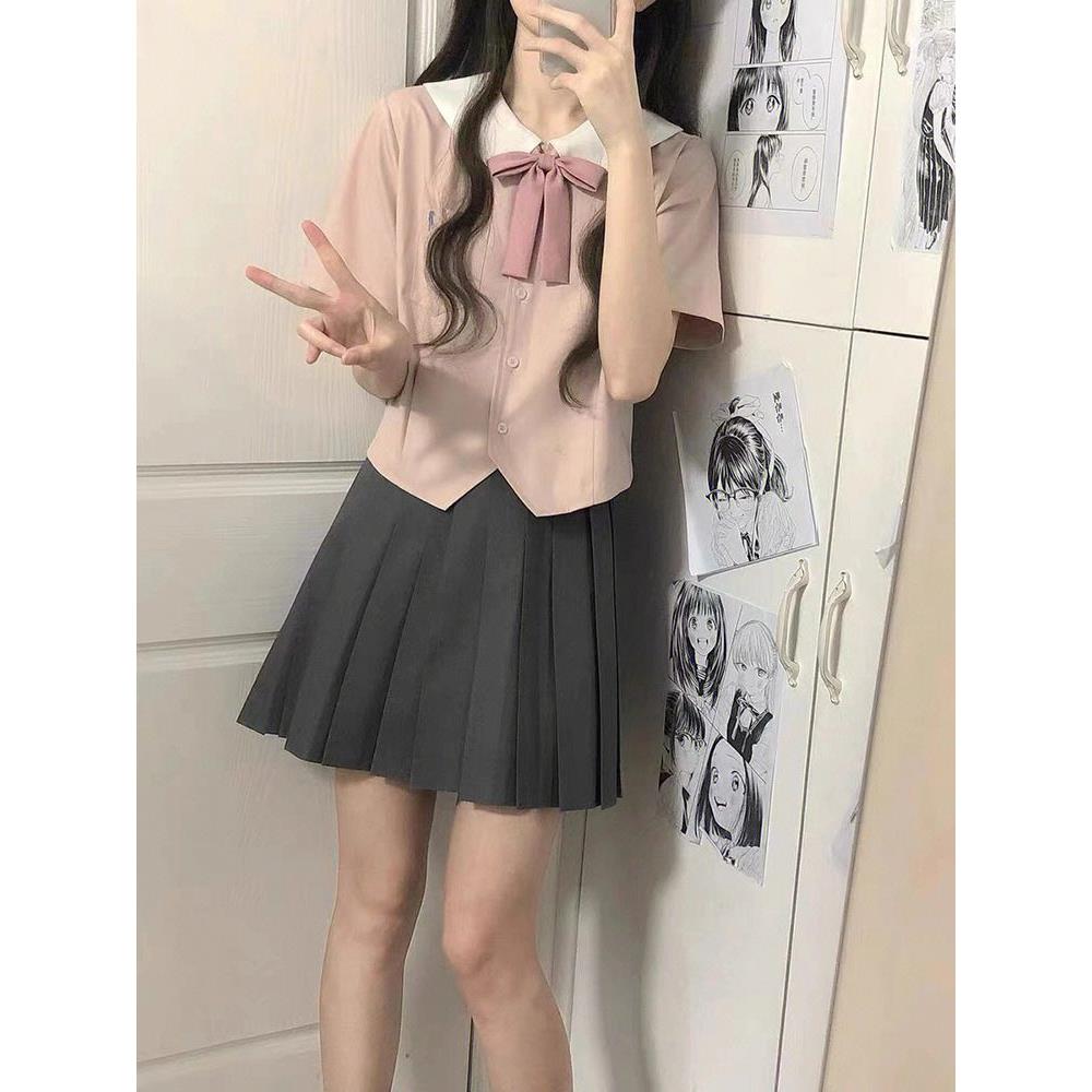 夏季新款小个子甜美jk制服套装裙女学院风短袖衬衫百褶短裙两件套