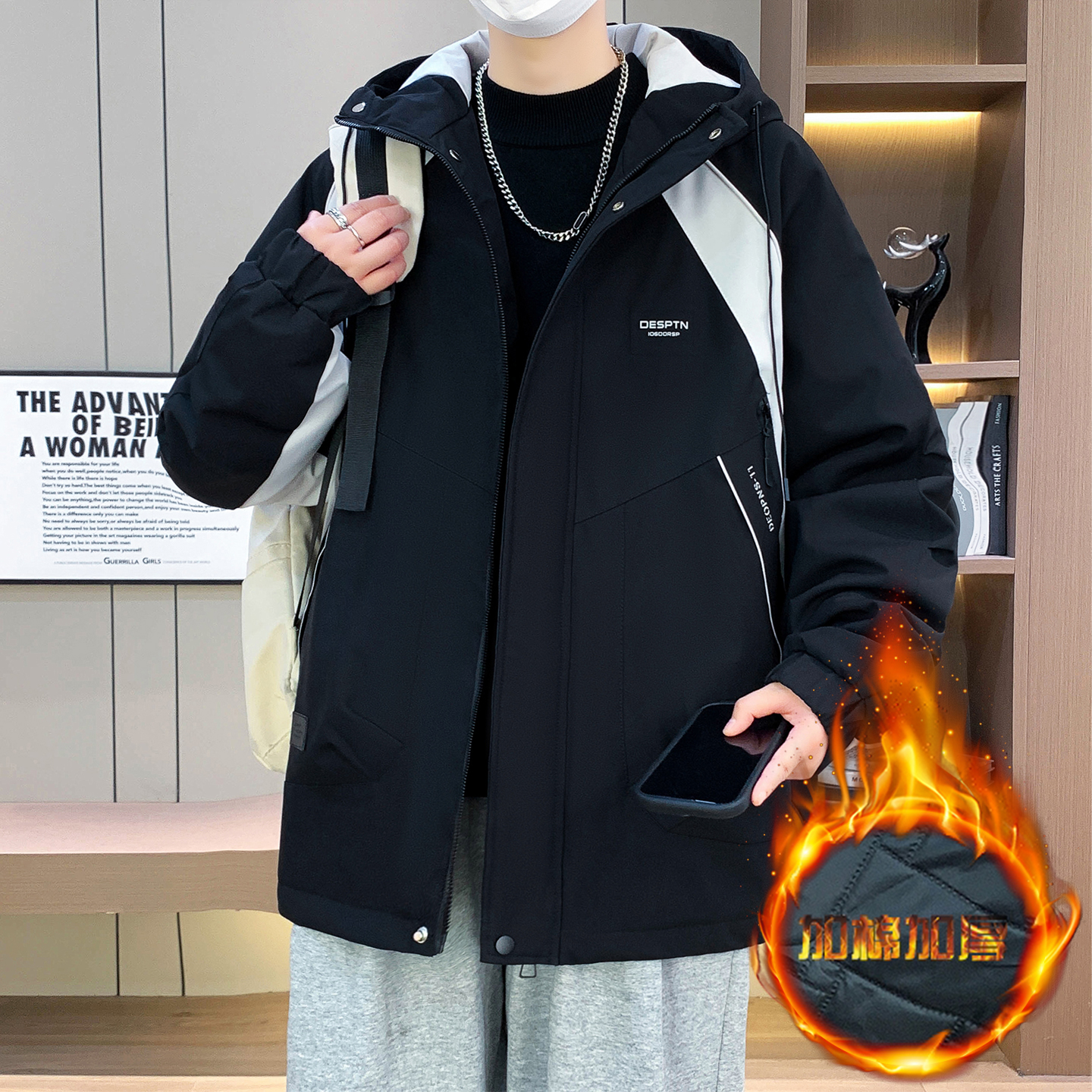 加棉外套青少年冬季冲锋衣夹棉外套男拼色帅气夹克连帽宽松上衣服