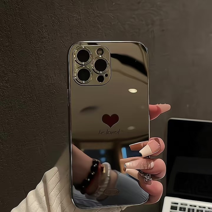 简约爱心适用于苹果16promax镜面手机壳15plus可爱14补妆13小众12