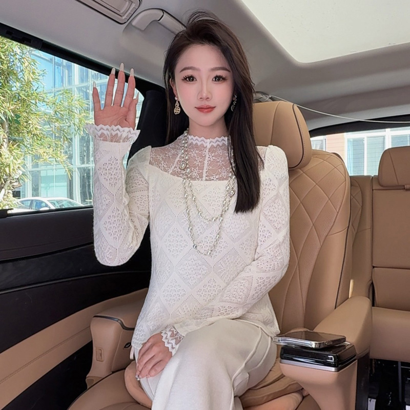 季念温香软玉】冬季新款加绒拼接水溶蕾丝花边半高领针织打底衫潮