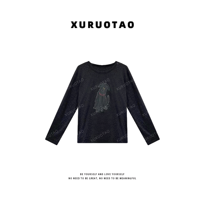 XURUOTAO 【韩系小狗】棉感天丝百搭长袖设计显瘦黑色上衣 T5638
