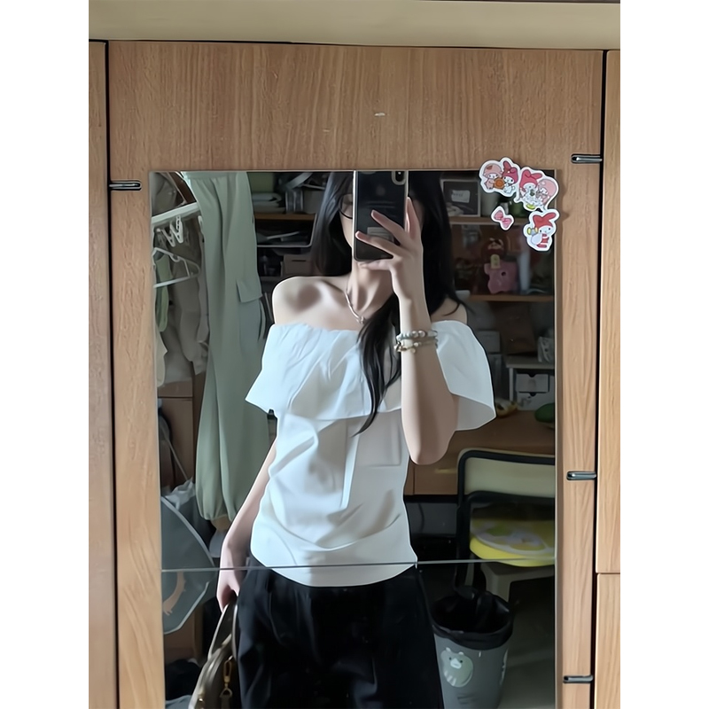 法式纯欲一字肩短袖衬衫露肩荷叶边上衣山本裤垂感阔腿裤休闲裤女
