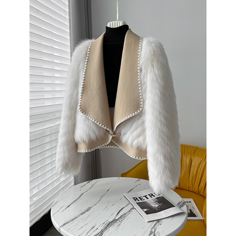秋冬新款仿狐狸毛车条皮草外套女短款双面呢毛毛领时尚开衫