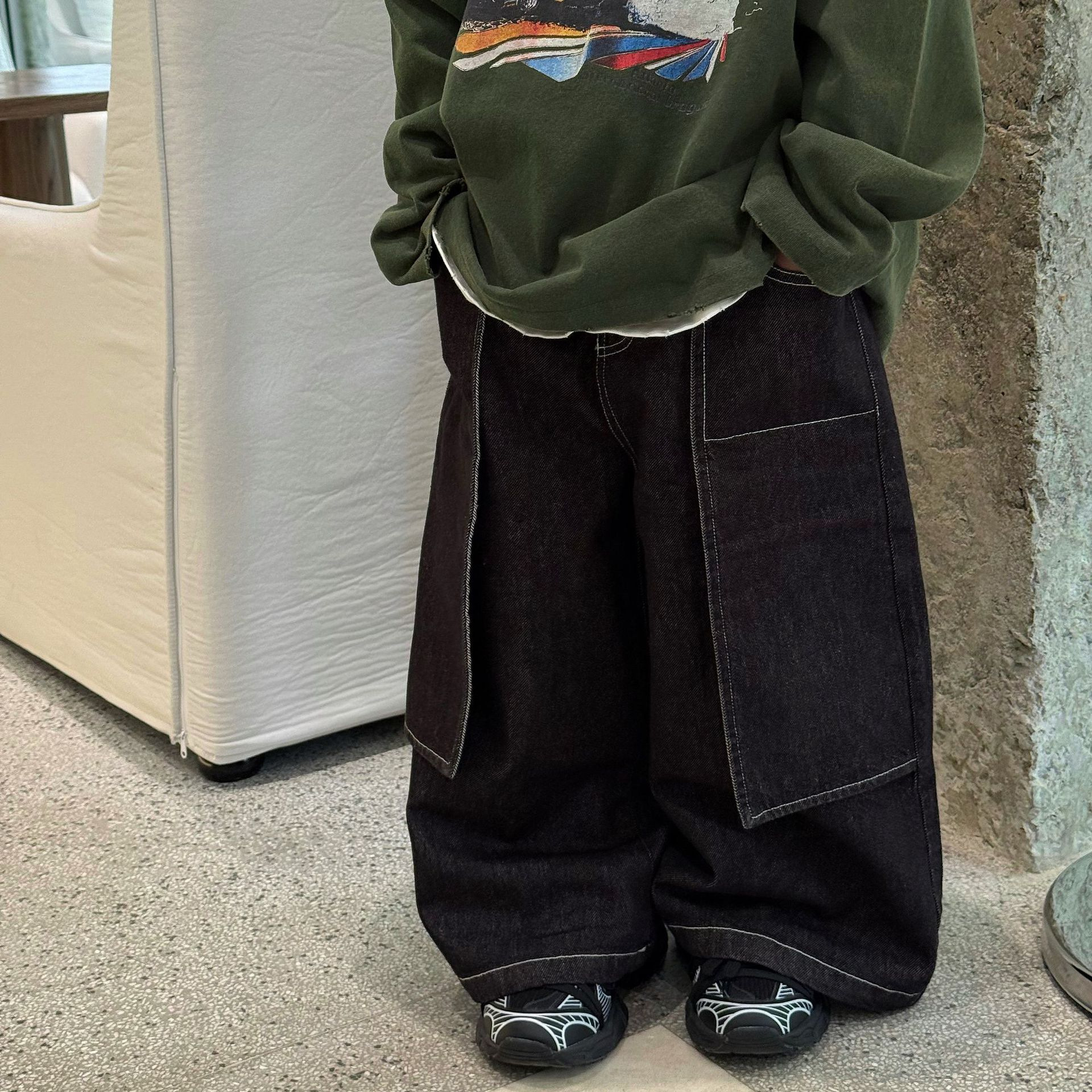 阔腿服装泰如2025直筒新款加绒洋气明线设计感牛仔裤男童大童裤子