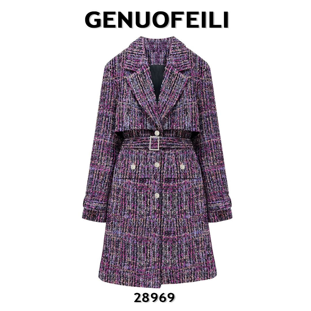 秋冬气质紫色洋气小香风中长款外套女士收腰显瘦翻领28969