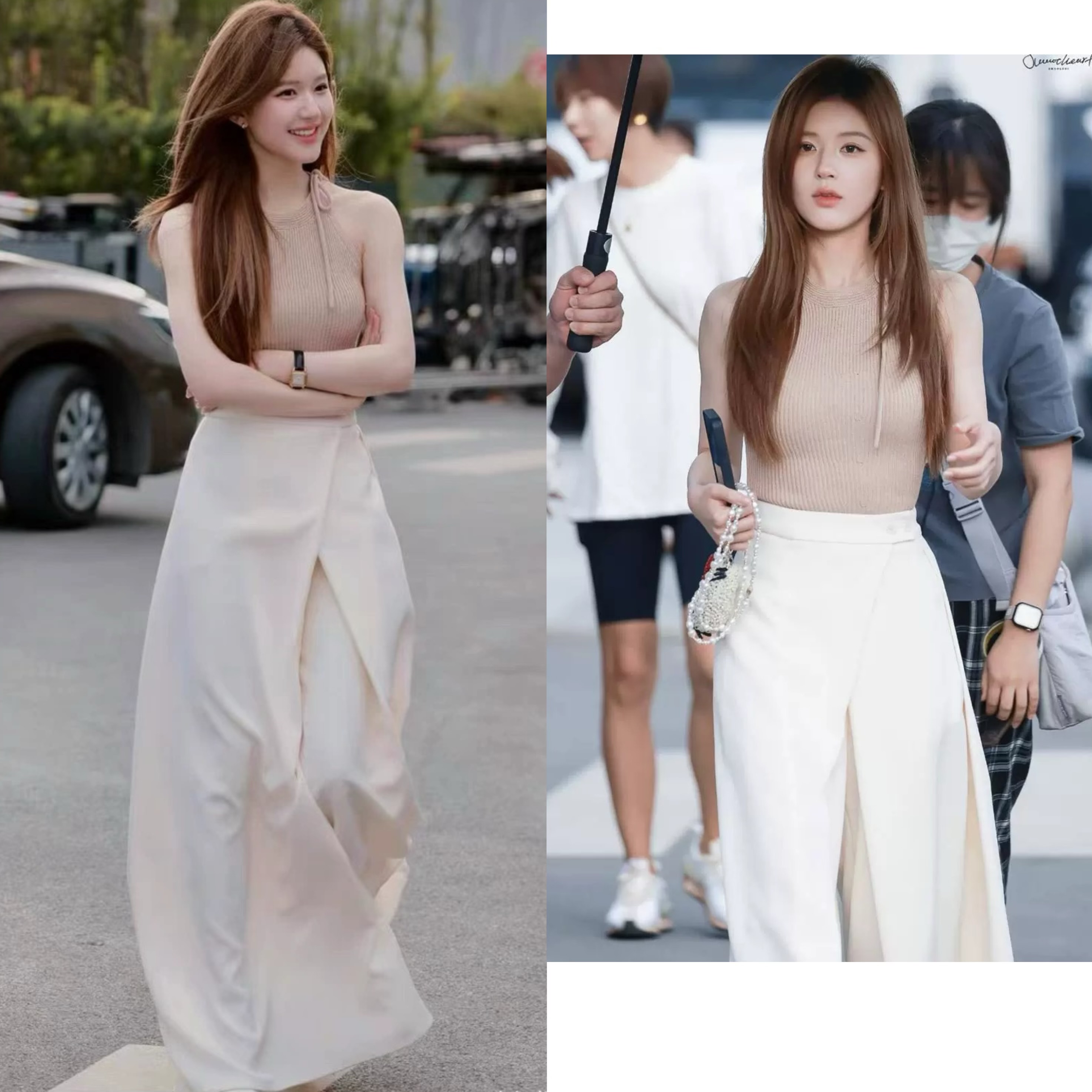 许我耀眼赵露思同款杏色西装裤女设计感不规则高腰休闲直筒阔腿裤