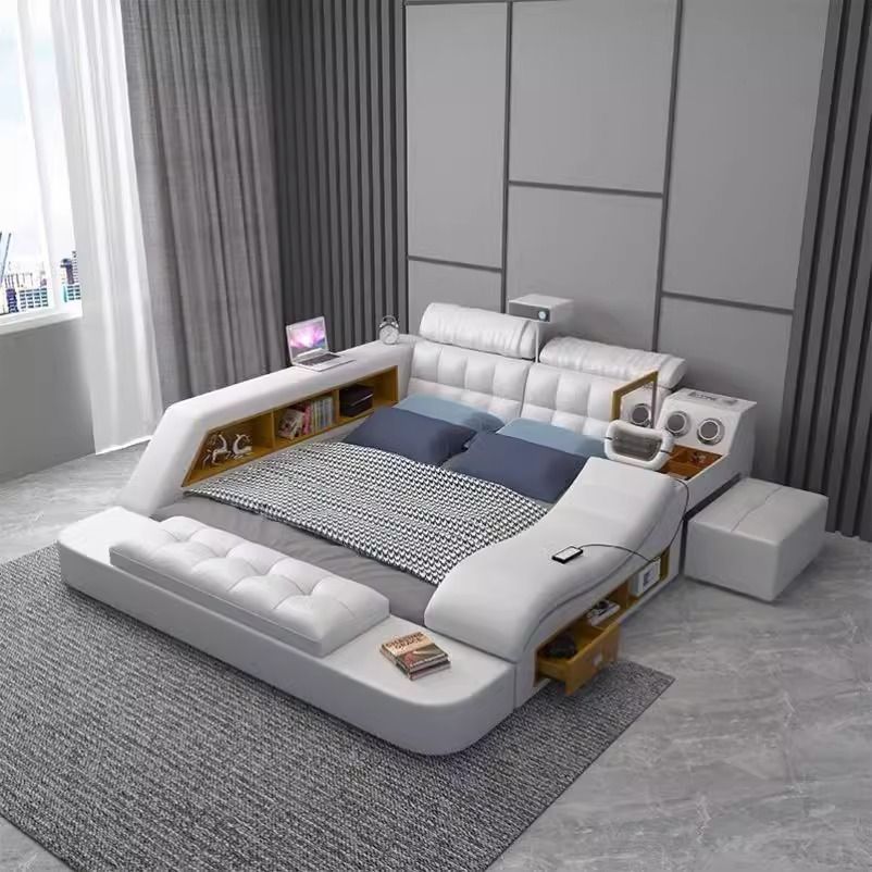 家用内置保险柜投影仪床多功能按摩真皮床榻榻米床主卧双人大床1.