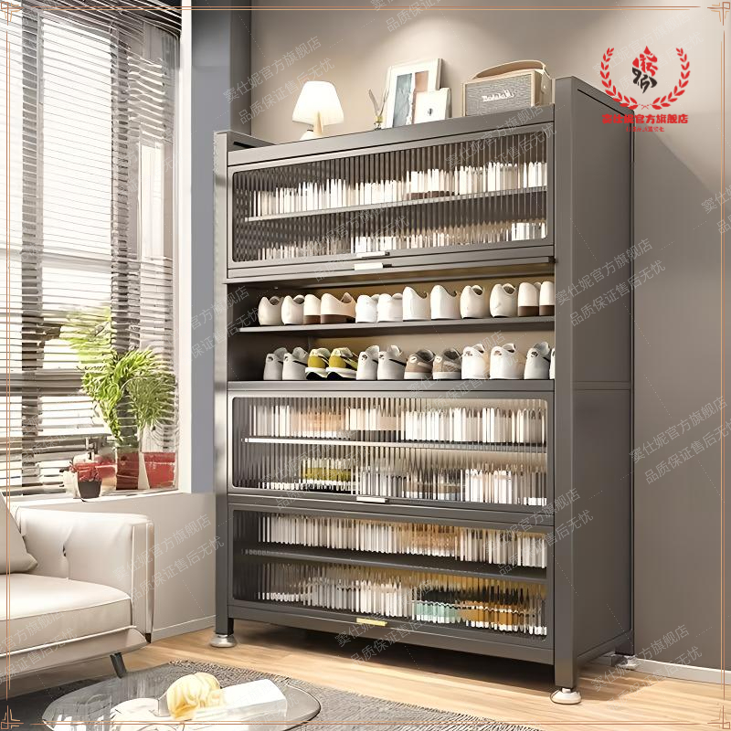 鞋架子钢制鞋柜家用门口落地多层碳钢实木防尘鞋架收纳柜一体靠墙