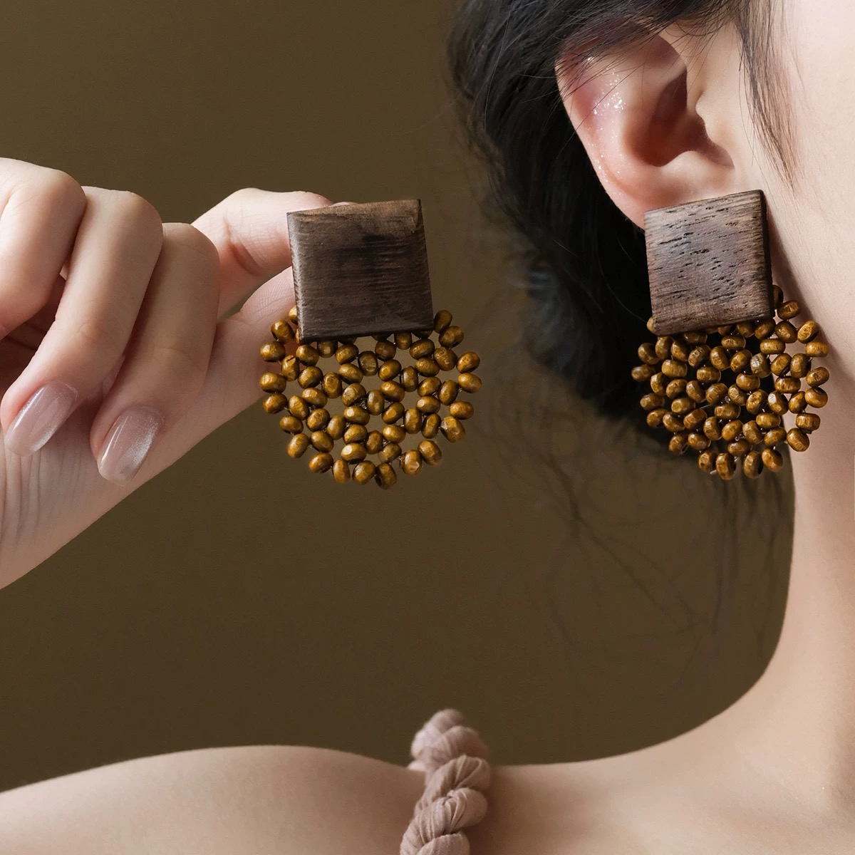 非金属木质耳饰 复古木珠编织几何耳钉女度假风波西米亚木质耳饰