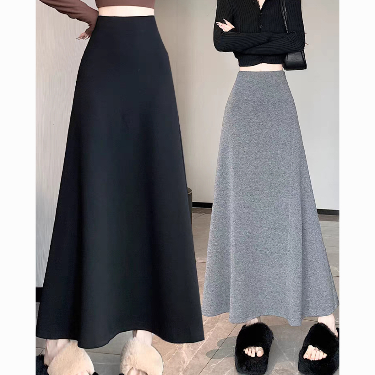 【两个长度】2025秋季新款高腰显瘦半身裙女中长款百搭A字大摆裙女