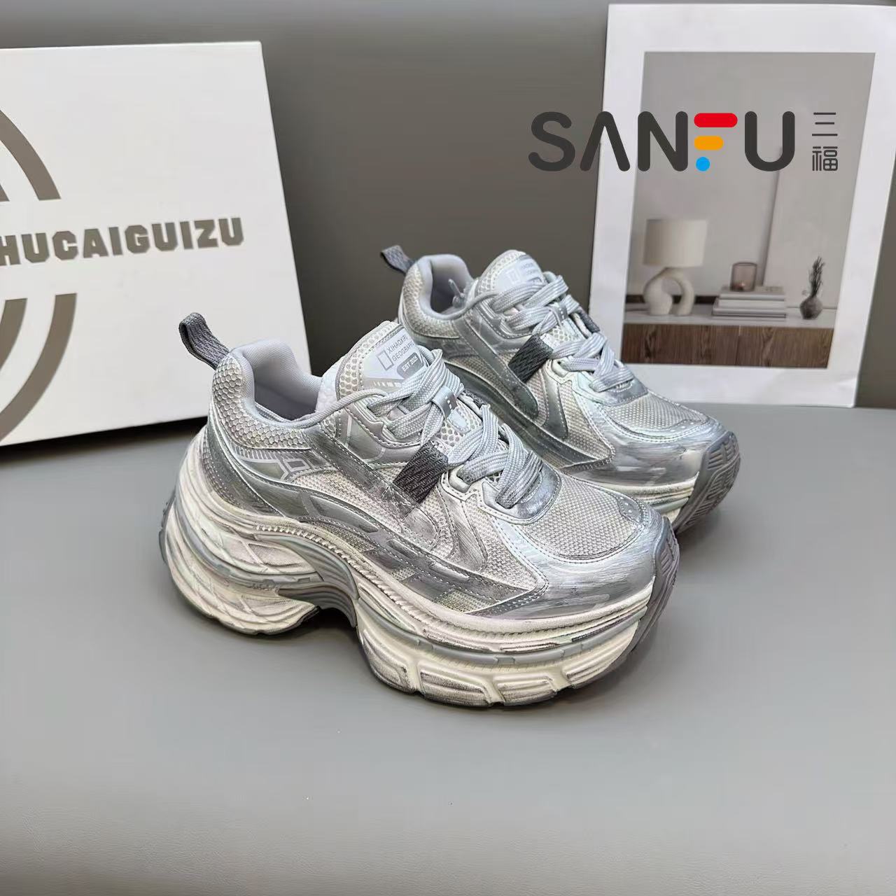 三福欧洲站秋季新款时尚厚底增高老爹鞋擦色复古做旧休闲运动鞋潮