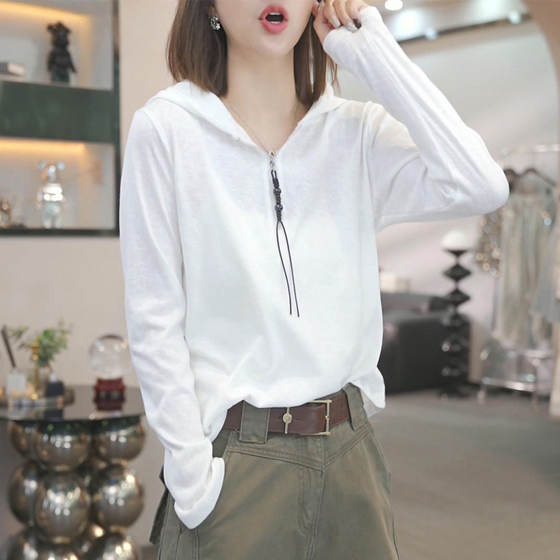 韩系半拉链条纹连帽长袖t恤女士2025秋季新款宽松显瘦打底衫上衣