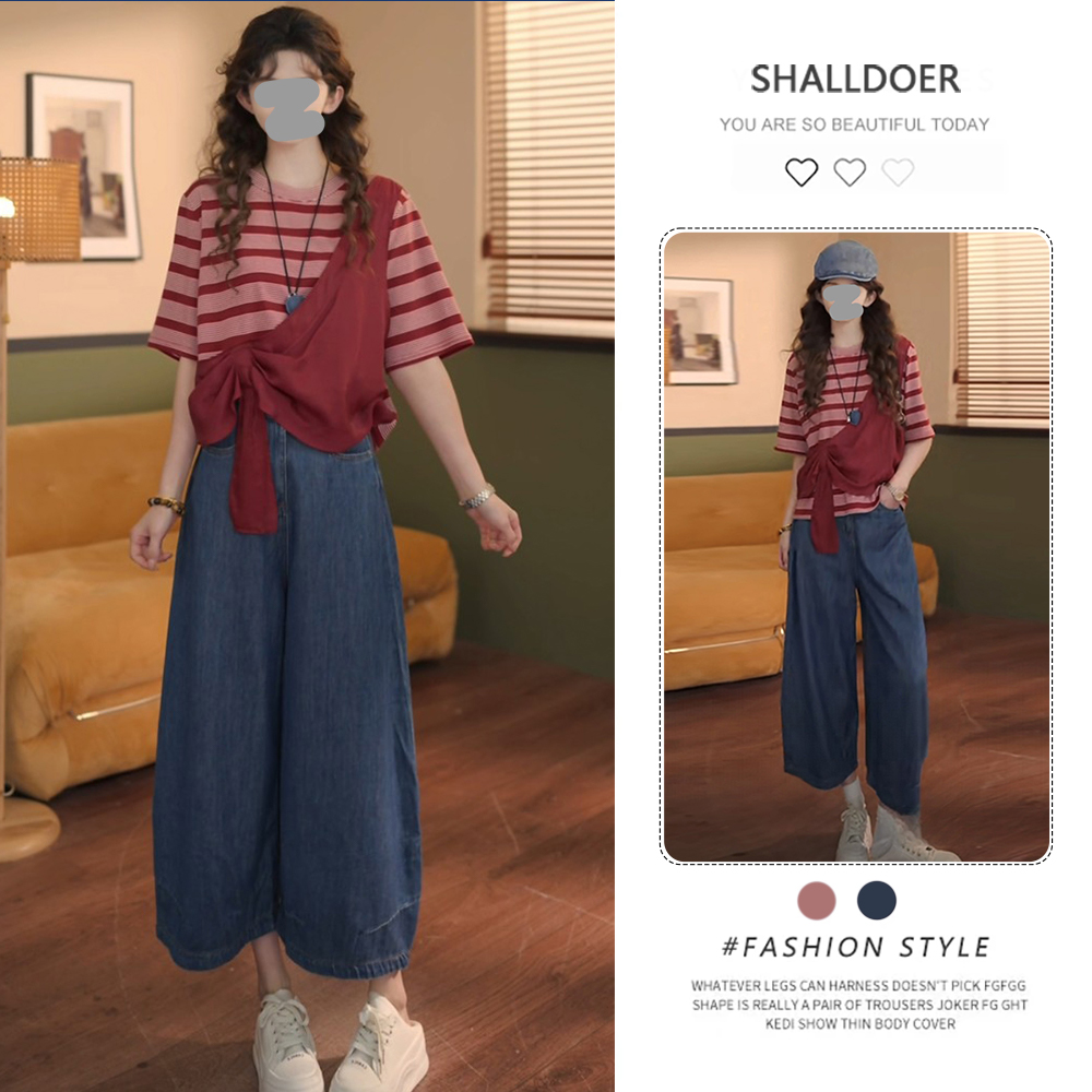 复古假俩件夏季短袖T恤休闲纯色轻薄阔腿裤一整套穿搭