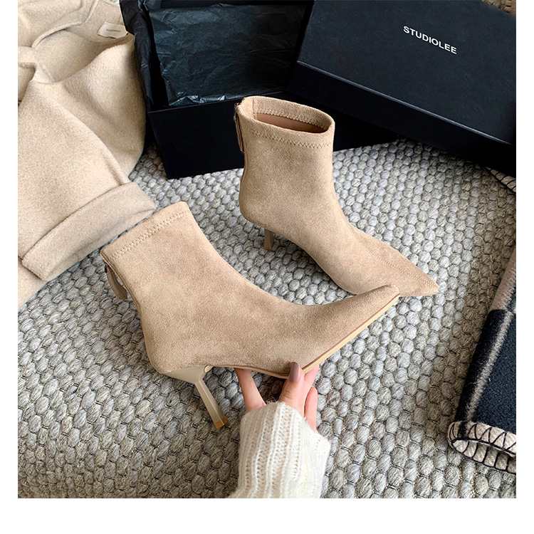 2025秋冬新款欧美高跟尖头细跟女靴拉链短筒女士靴子