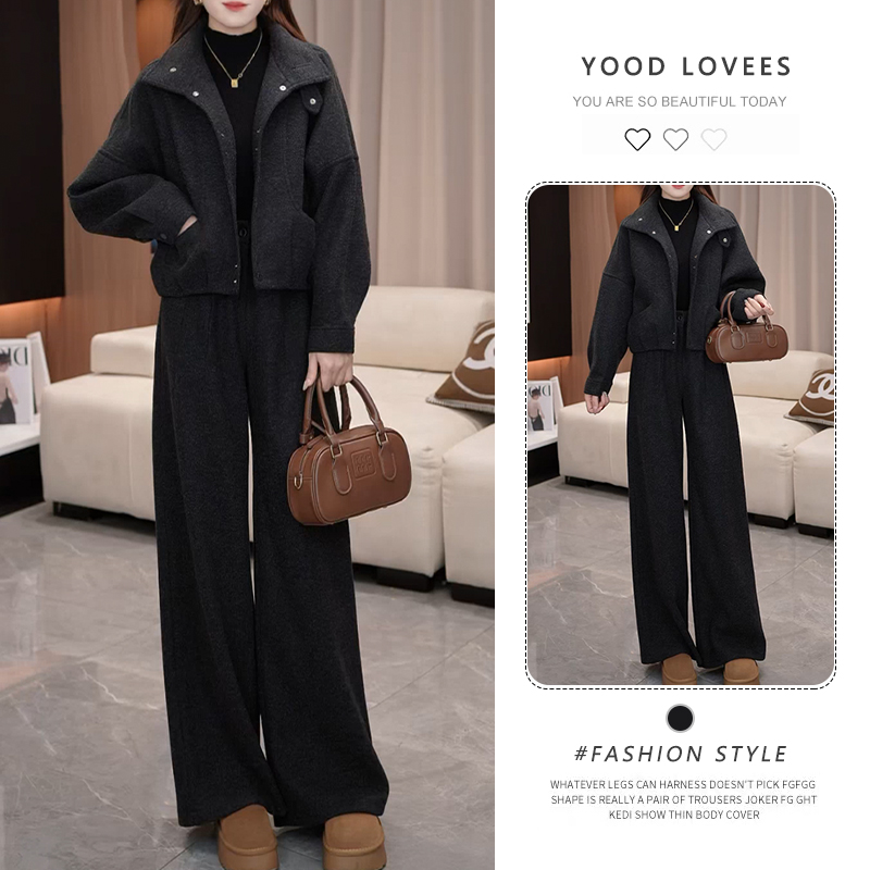 2025冬季新款简约设计感长袖立领加厚外套女直筒休闲裤保暖两件套