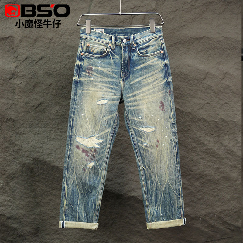 小魔怪牛仔港澳高端复古破洞牛仔裤男潮牌重工个性百搭直筒长裤子