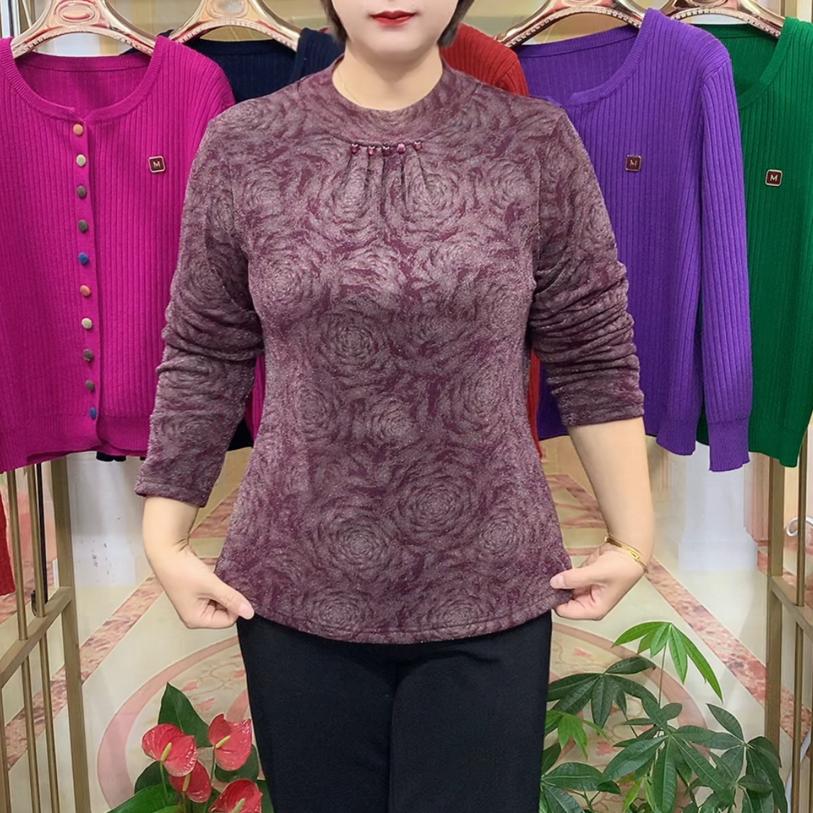 中老年秋冬半高领加绒长袖打底上衣时尚舒适打底衫