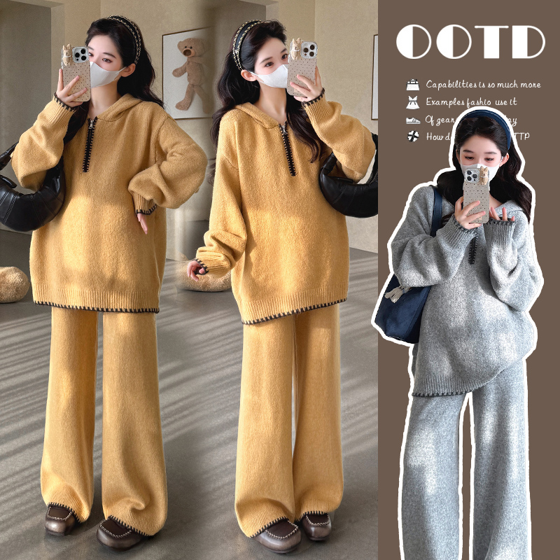 2025年慵懒风简约宽松针织设计款毛衣秋冬孕妇套装休闲时尚显瘦