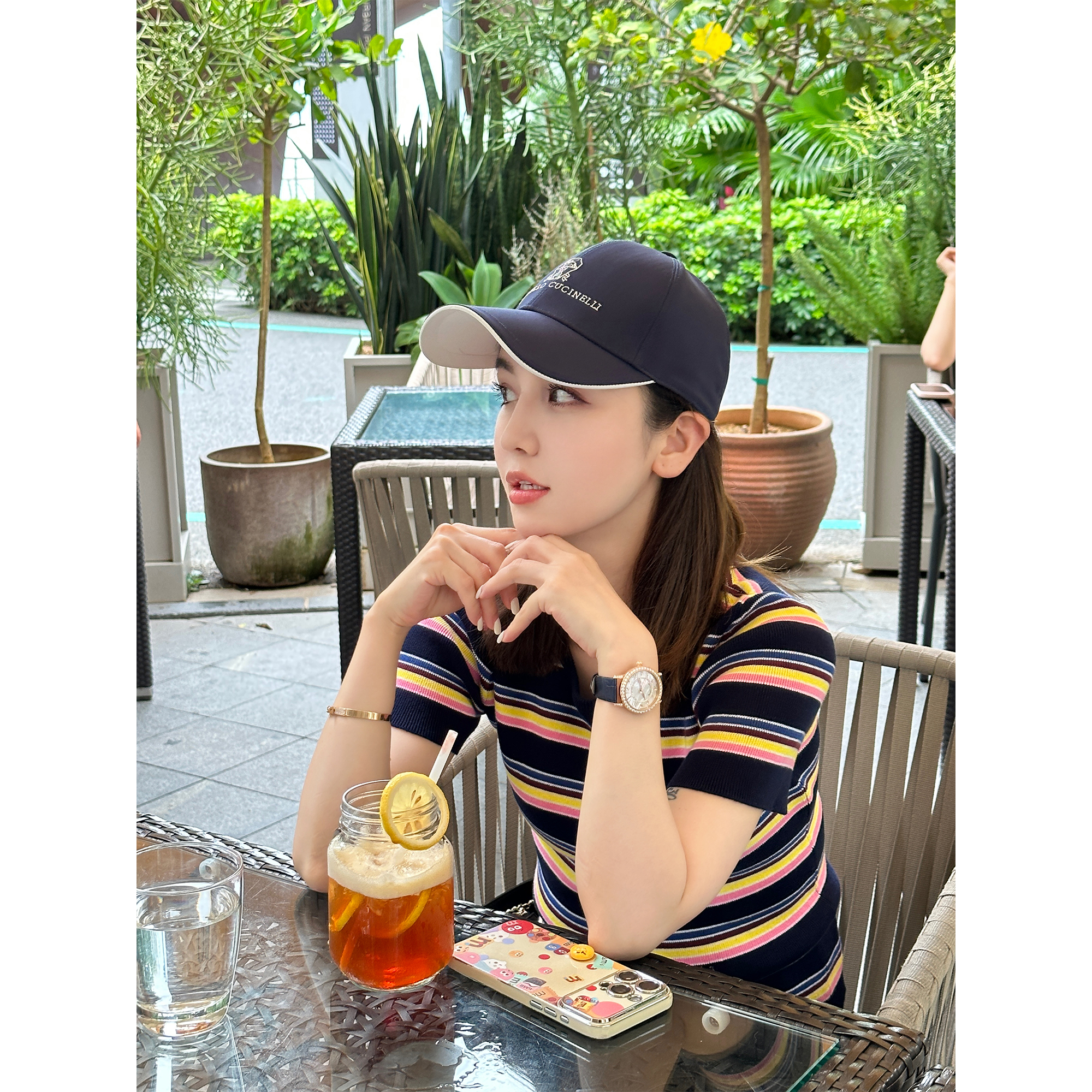 JESSICA WU超减龄小姐姐~彩色条纹休闲百搭显瘦定制棉纱针织短袖