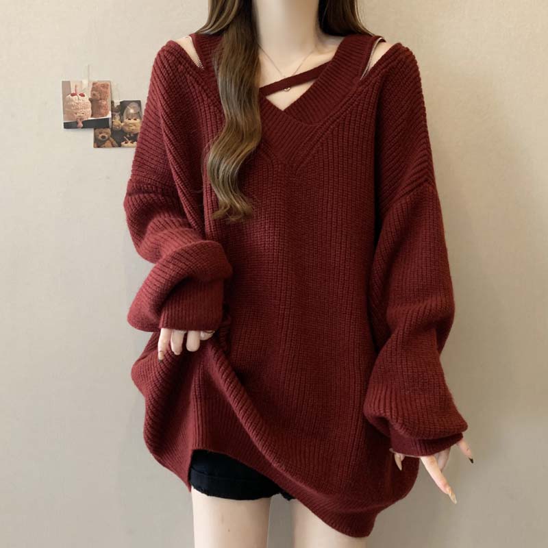 大码女装遮肚子慵懒风露肩V领针织衫秋冬季胖mm宽松显瘦洋气毛衣