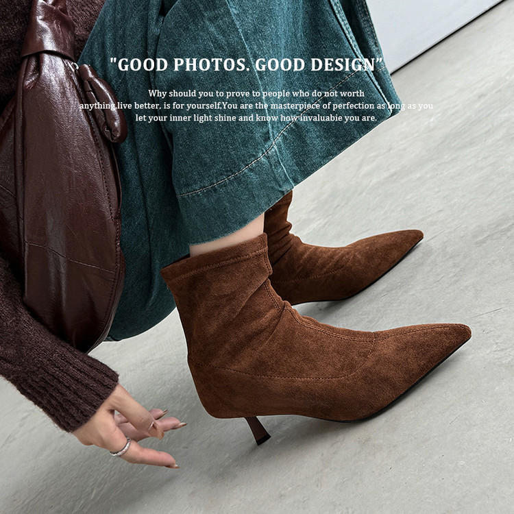 34-42大码女鞋2025冬季新款短筒女靴子高跟弹力靴尖头细跟瘦瘦靴