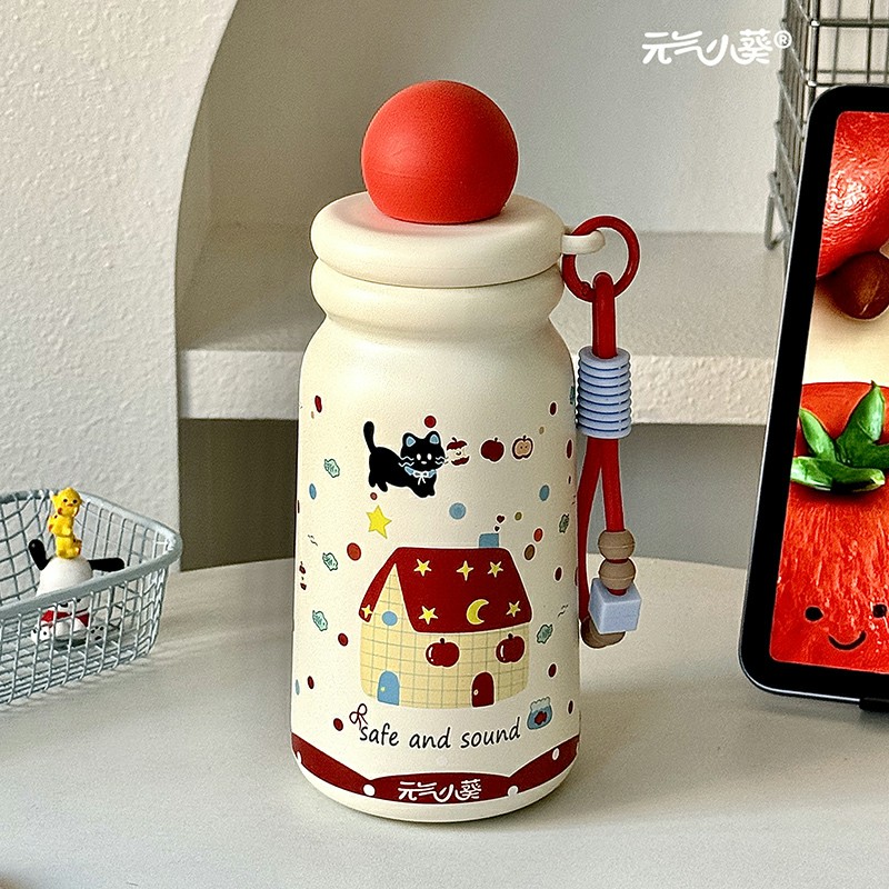 2025新款可爱小猫保温杯女生高颜值儿童水杯学生便携带提绳水壶