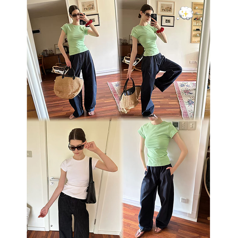 Miss sumeyY3841自制夏日苹果绿 修身正肩纯色打底短袖t恤上衣女