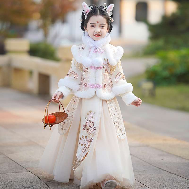 汉服女童冬季裙子2025新款儿童夹棉套装连衣裙冬款加厚新年拜年服
