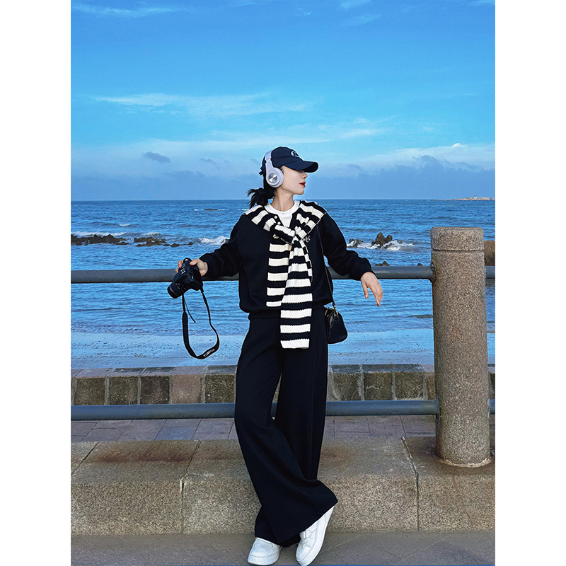 WRXS  黑色披肩长袖卫衣女套装2025早秋新款慵懒风休闲长裤三件套